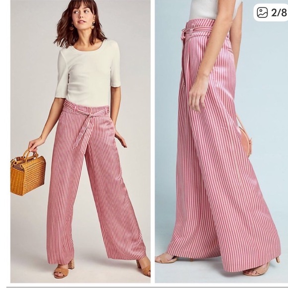 Anthropologie ett:twa Ventura Wide Leg Trousers Pink White Striped Belted Size 4